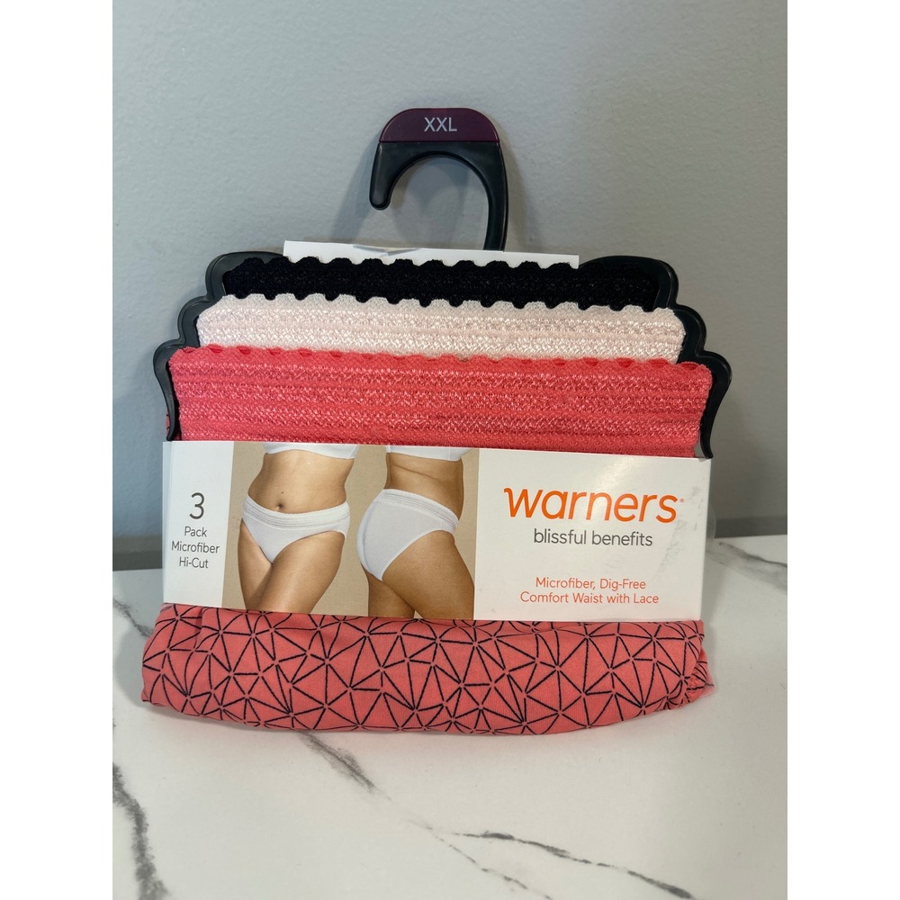 Warners Blissful Benefits Womens 3 Pack Hi-Cut Panties Microfiber Lace 2XLarge